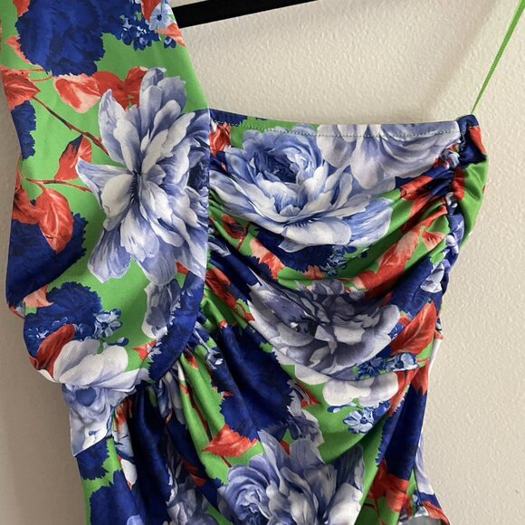 Zara Women S Green Floral Ruched Asymmetrical One Shoulder Bodysuit NWT - Picture 7 of 13